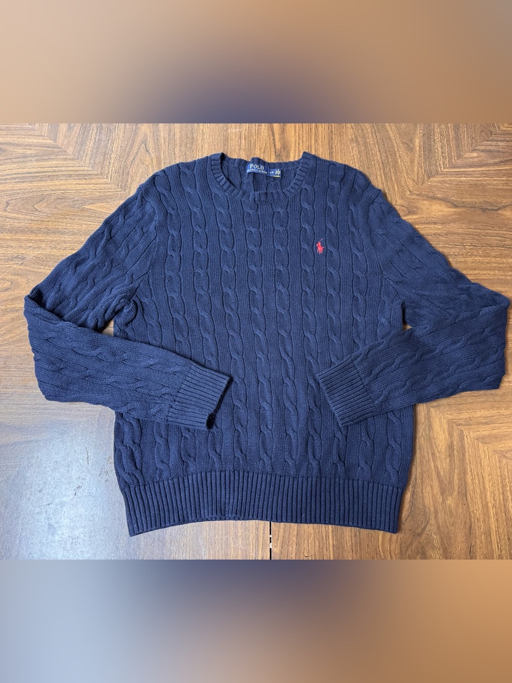 Polo by Ralph Lauren Navy Cable Knit Crew Sweater with Red Logo